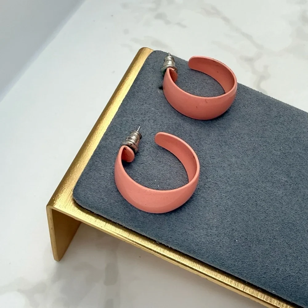 Vintage‎ Coral Pink Silver-Toned U-Shaped Fashion Clip-On Stud Hoop Earrings